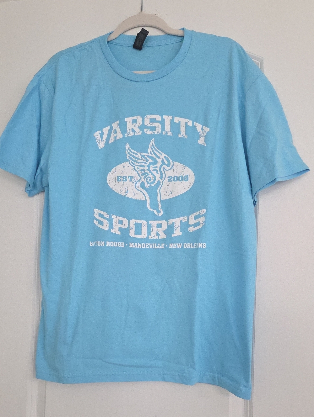 New Varsity Sports Tee Shirt In A Pretty Sky Blue By Gilden. Large